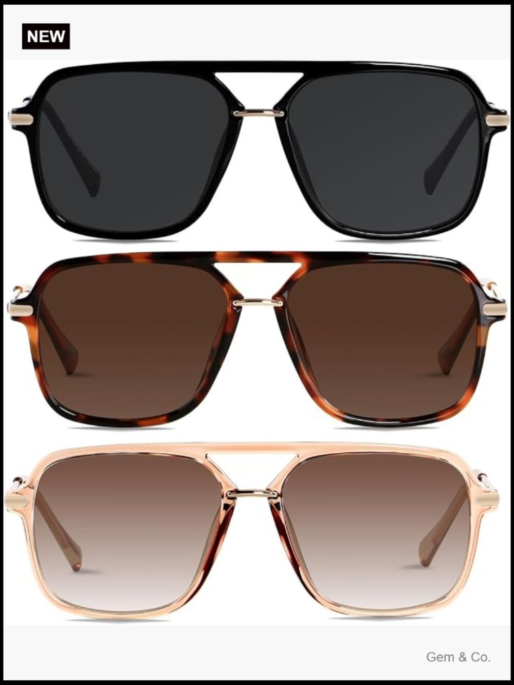 Polarized Retro Square Aviator Sunglasses UV400 Double Bridge Unisex